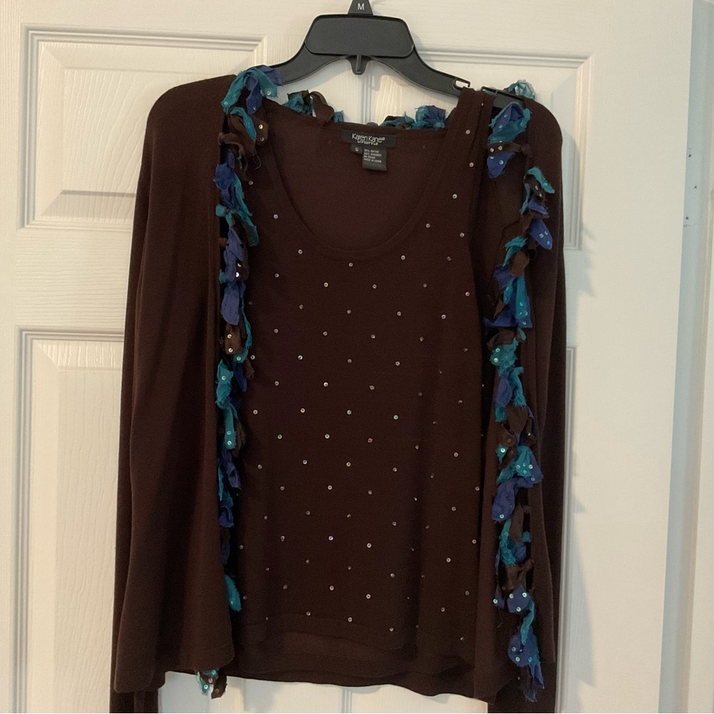 Brown Long Sleeve  two piece sweater Top with Blue and Green Accents